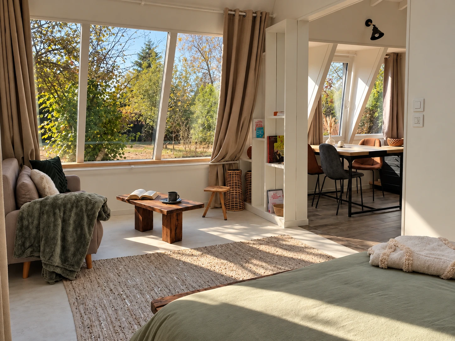 Intérieur lumineux du gîte L’Échappée du Verger, grande baie vitrée ouverte sur le jardin
